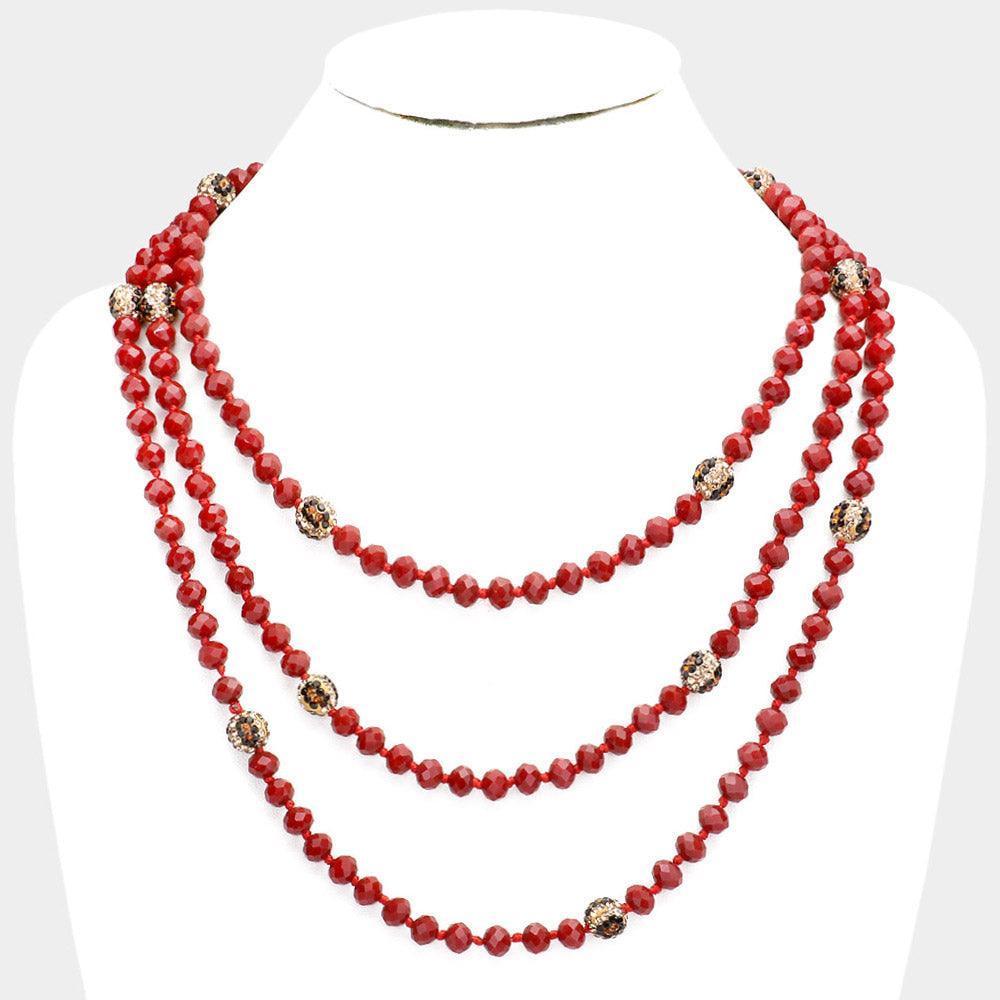 Burgundy Leopard Pattern Shamballa Ball Accented Faceted Bead Long Necklace - Jewelry Store by Erik Rayo