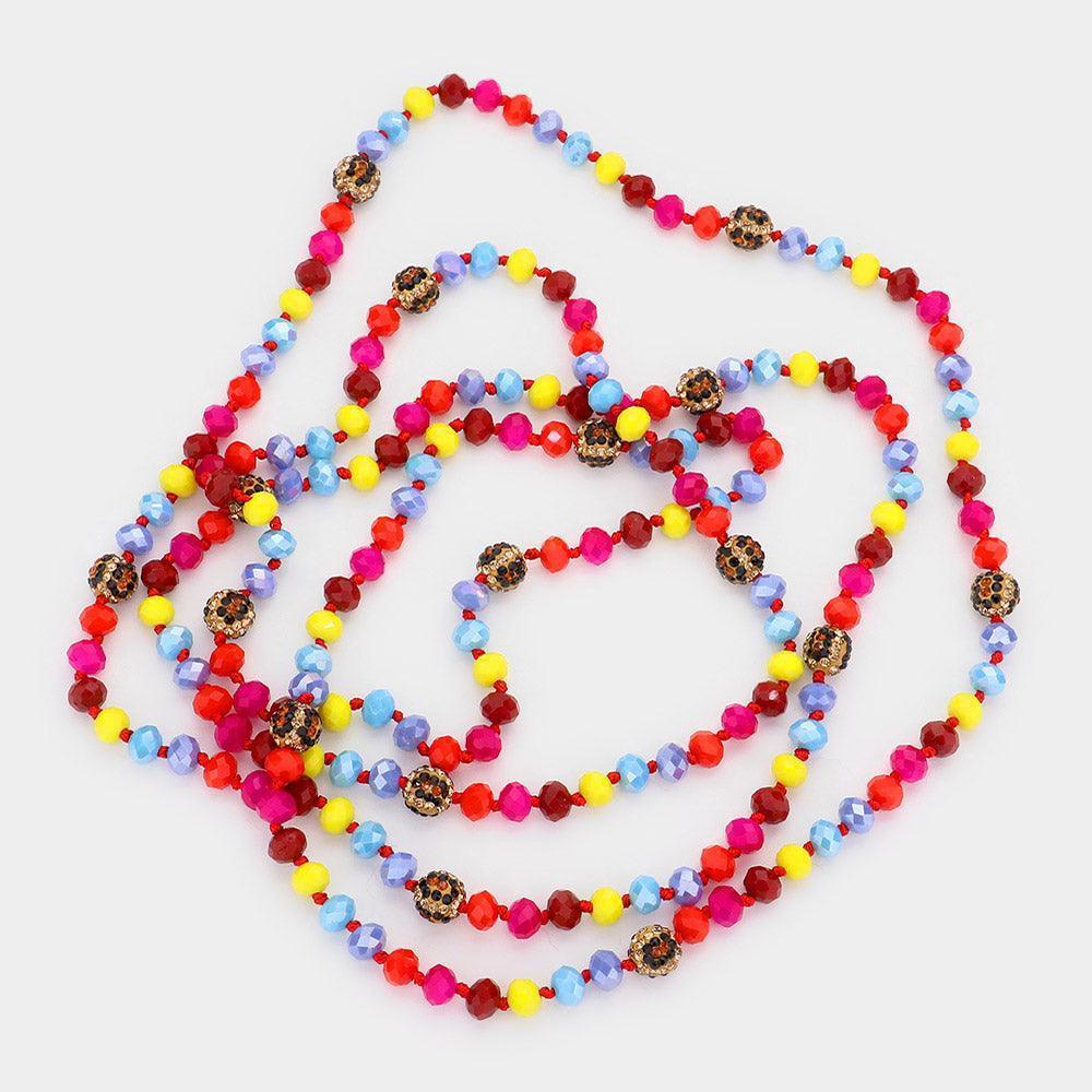 Leopard Pattern Shamballa Ball Accented Faceted Bead Long Necklace - Jewelry Store by Erik Rayo