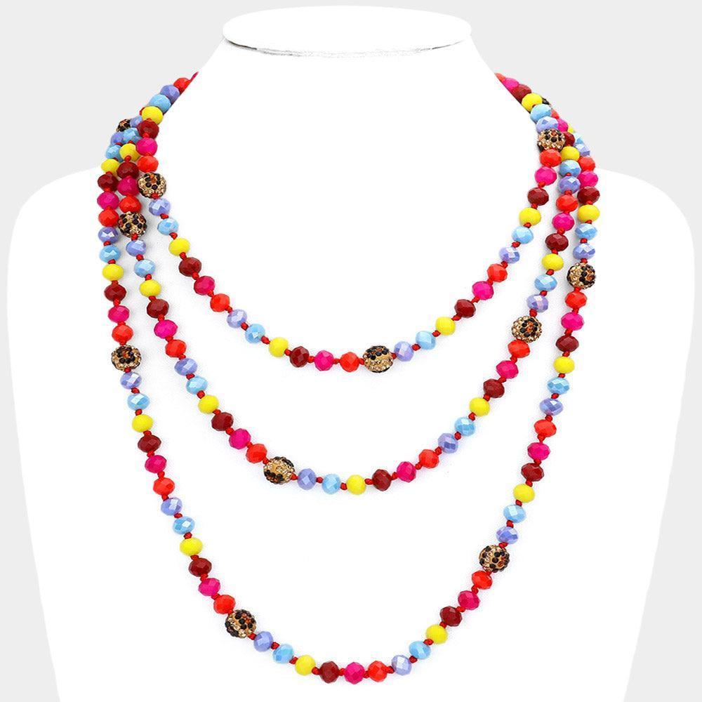 Leopard Pattern Shamballa Ball Accented Faceted Bead Long Necklace - Jewelry Store by Erik Rayo