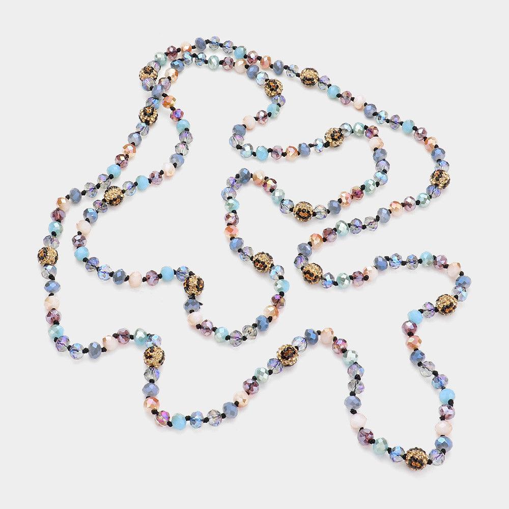 Leopard Pattern Shamballa Ball Accented Faceted Bead Long Necklace - Jewelry Store by Erik Rayo