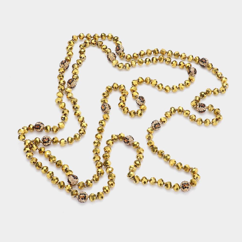 Gold Leopard Pattern Shamballa Ball Accented Faceted Bead Long Necklace - Jewelry Store by Erik Rayo