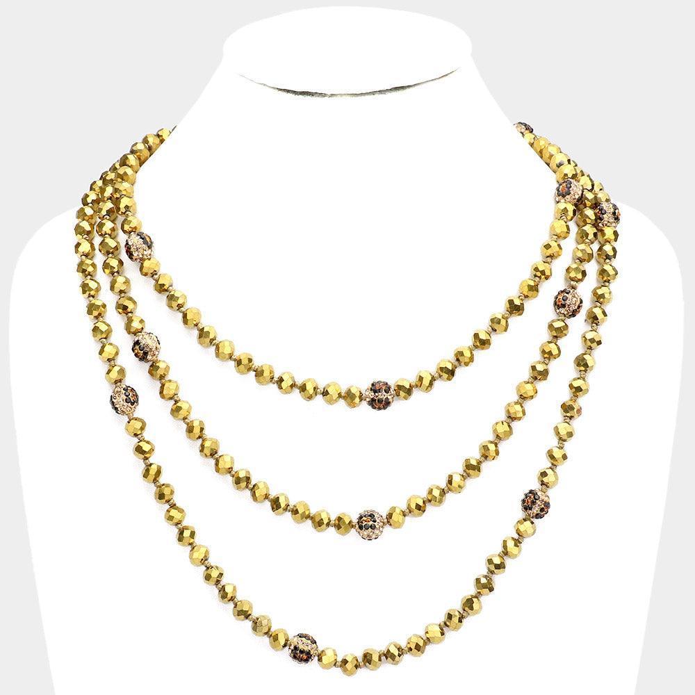 Gold Leopard Pattern Shamballa Ball Accented Faceted Bead Long Necklace - Jewelry Store by Erik Rayo