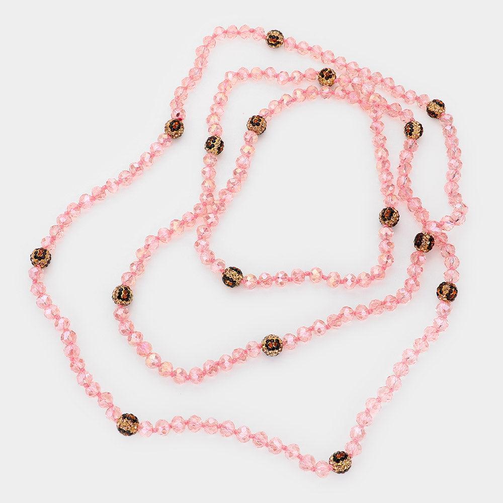 Leopard Pattern Shamballa Ball Accented Faceted Bead Long Necklace - Jewelry Store by Erik Rayo