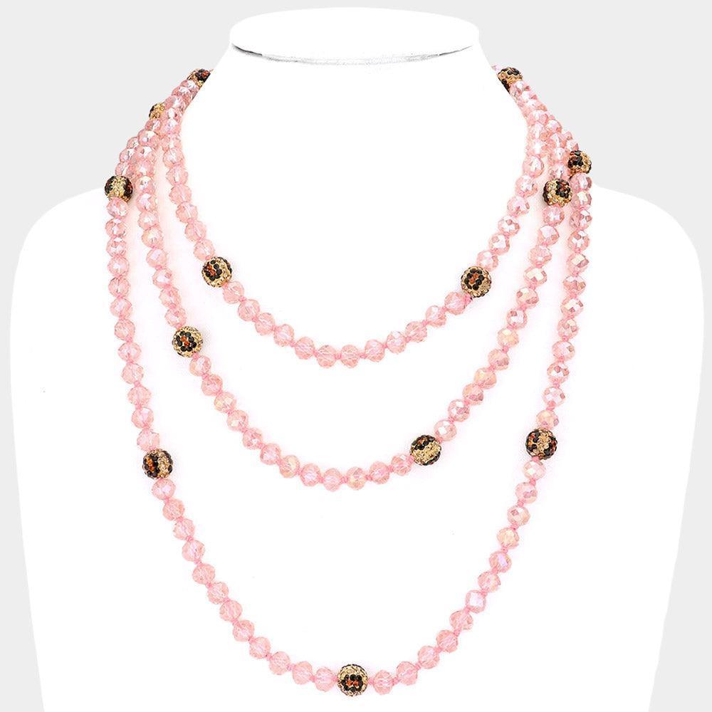 Leopard Pattern Shamballa Ball Accented Faceted Bead Long Necklace - Jewelry Store by Erik Rayo
