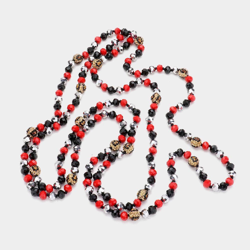 Leopard Pattern Shamballa Ball Accented Faceted Bead Long Necklace - Jewelry Store by Erik Rayo