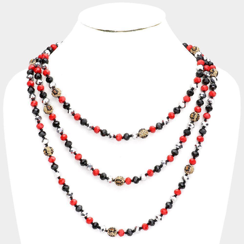 Leopard Pattern Shamballa Ball Accented Faceted Bead Long Necklace - Jewelry Store by Erik Rayo