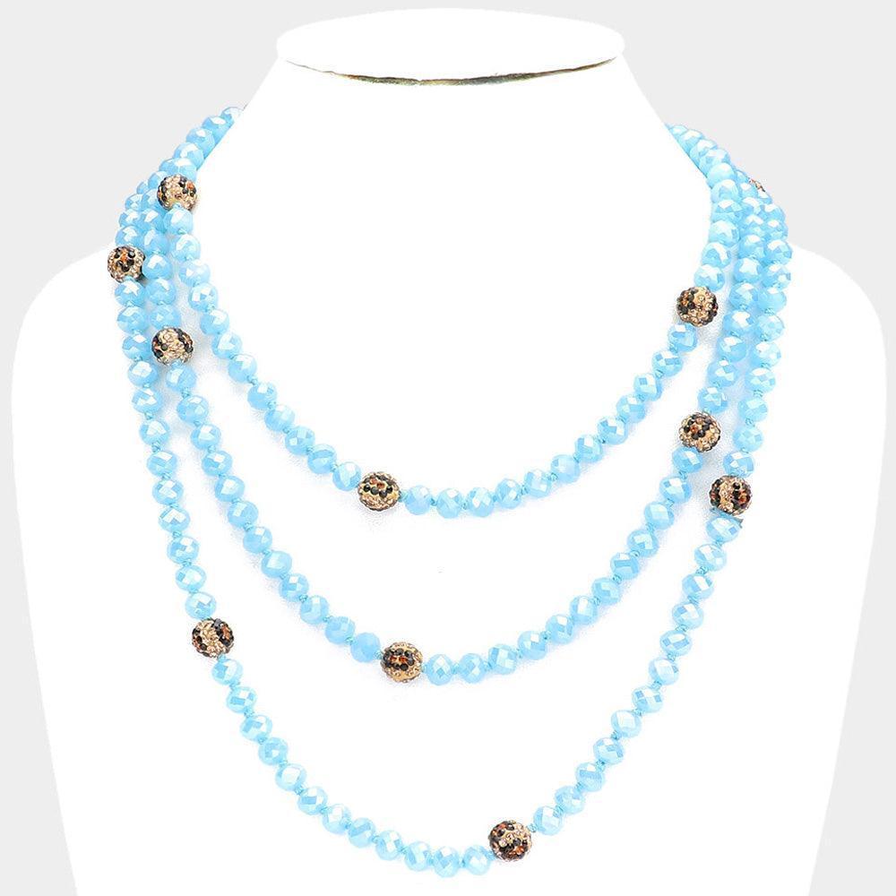Blue Leopard Pattern Shamballa Ball Accented Faceted Bead Long Necklace - Jewelry Store by Erik Rayo