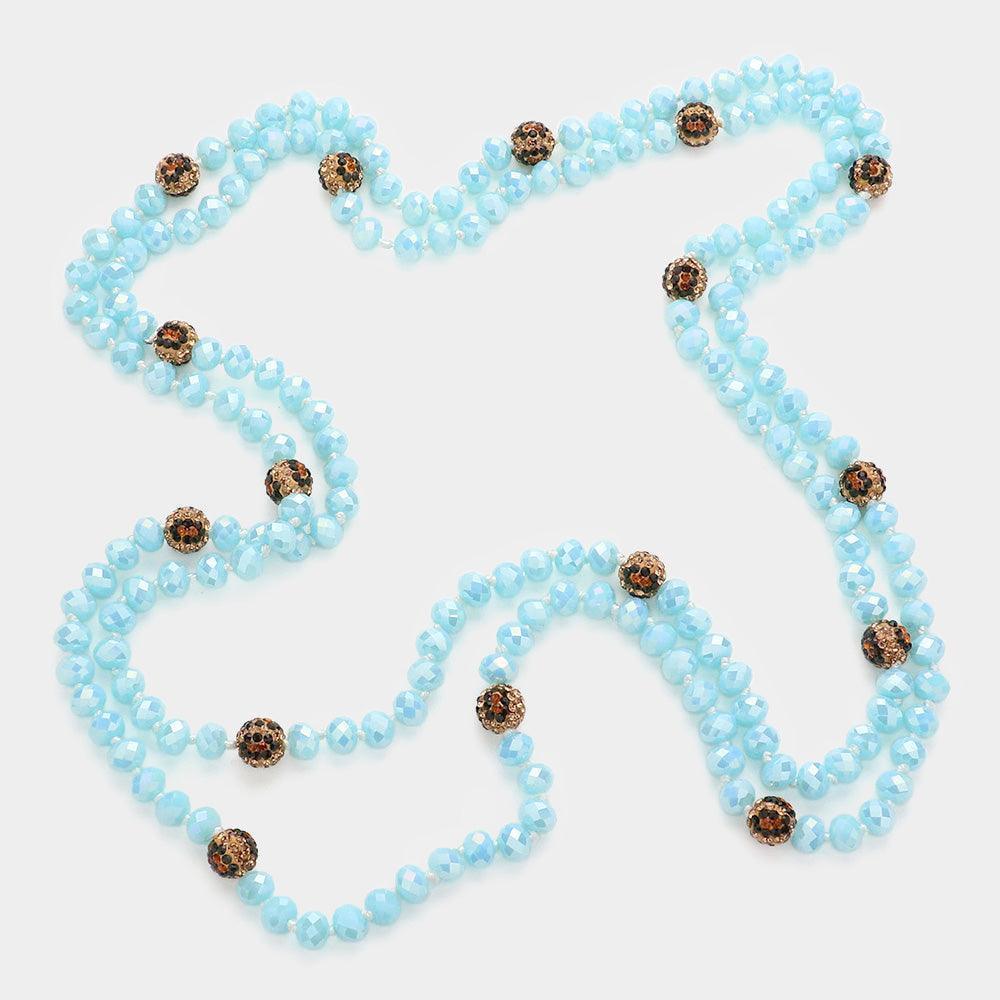 Blue Leopard Pattern Shamballa Ball Accented Faceted Bead Long Necklace - Jewelry Store by Erik Rayo