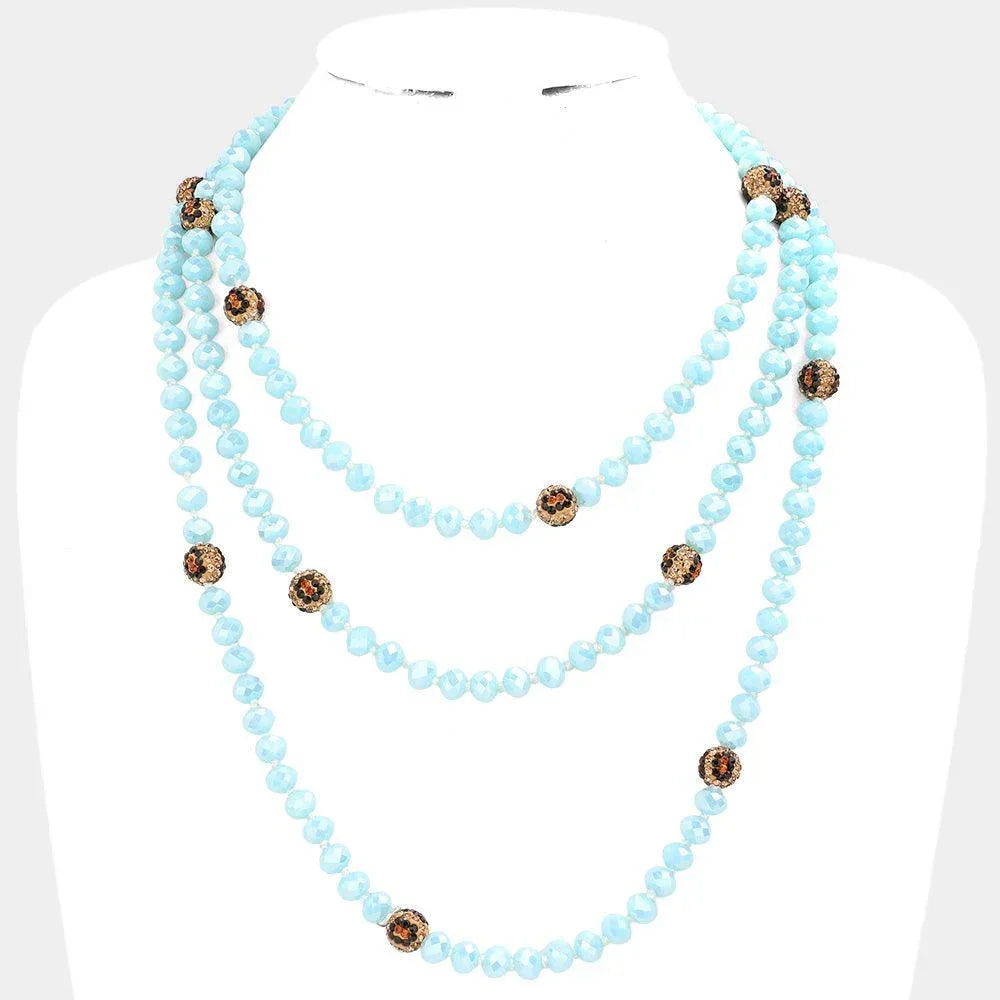 Blue Leopard Pattern Shamballa Ball Accented Faceted Bead Long Necklace - Jewelry Store by Erik Rayo