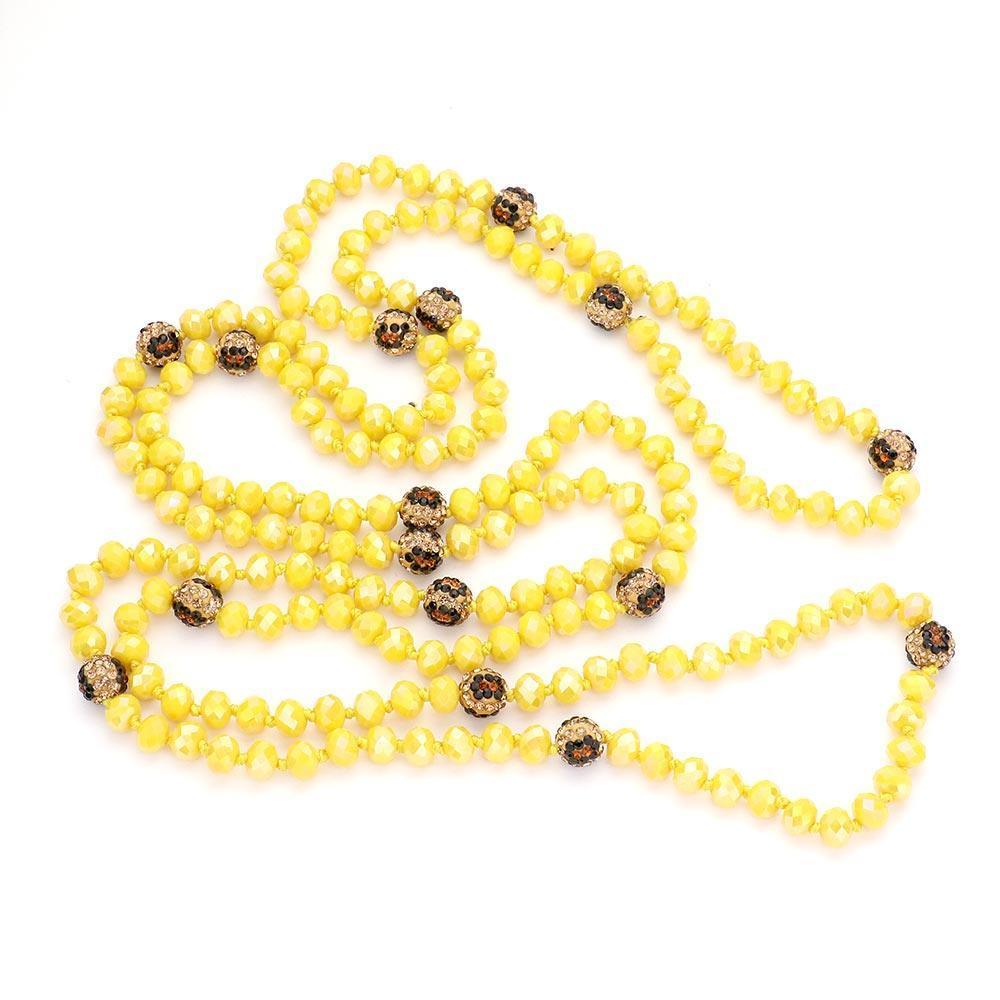 Yellow Leopard Pattern Shamballa Ball Accented Faceted Bead Long Necklace - Jewelry Store by Erik Rayo