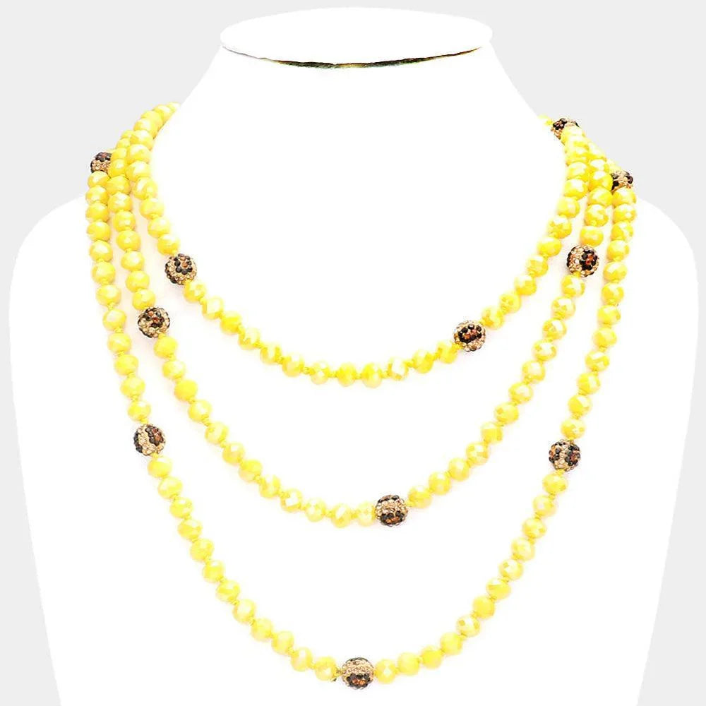 Yellow Leopard Pattern Shamballa Ball Accented Faceted Bead Long Necklace - Jewelry Store by Erik Rayo