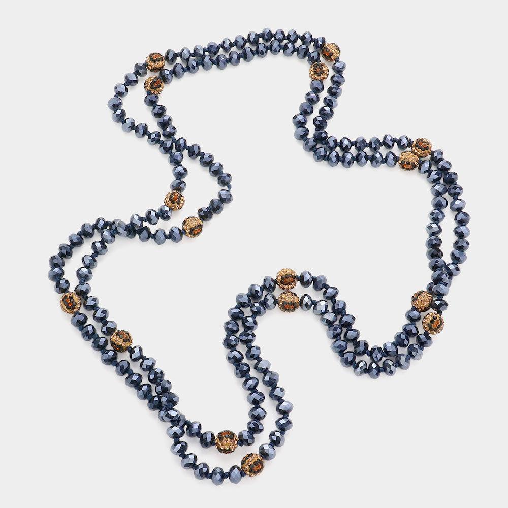 Leopard Pattern Shamballa Ball Accented Faceted Bead Long Necklace - Jewelry Store by Erik Rayo