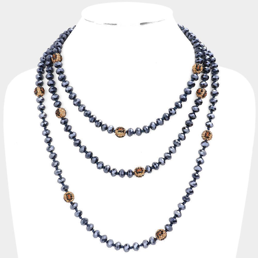 Leopard Pattern Shamballa Ball Accented Faceted Bead Long Necklace - Jewelry Store by Erik Rayo