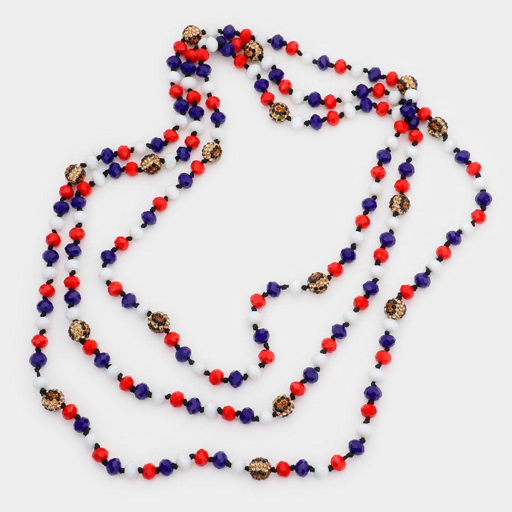 American USA Flag Shamballa Ball Accented Faceted Bead Long Necklace - Jewelry Store by Erik Rayo