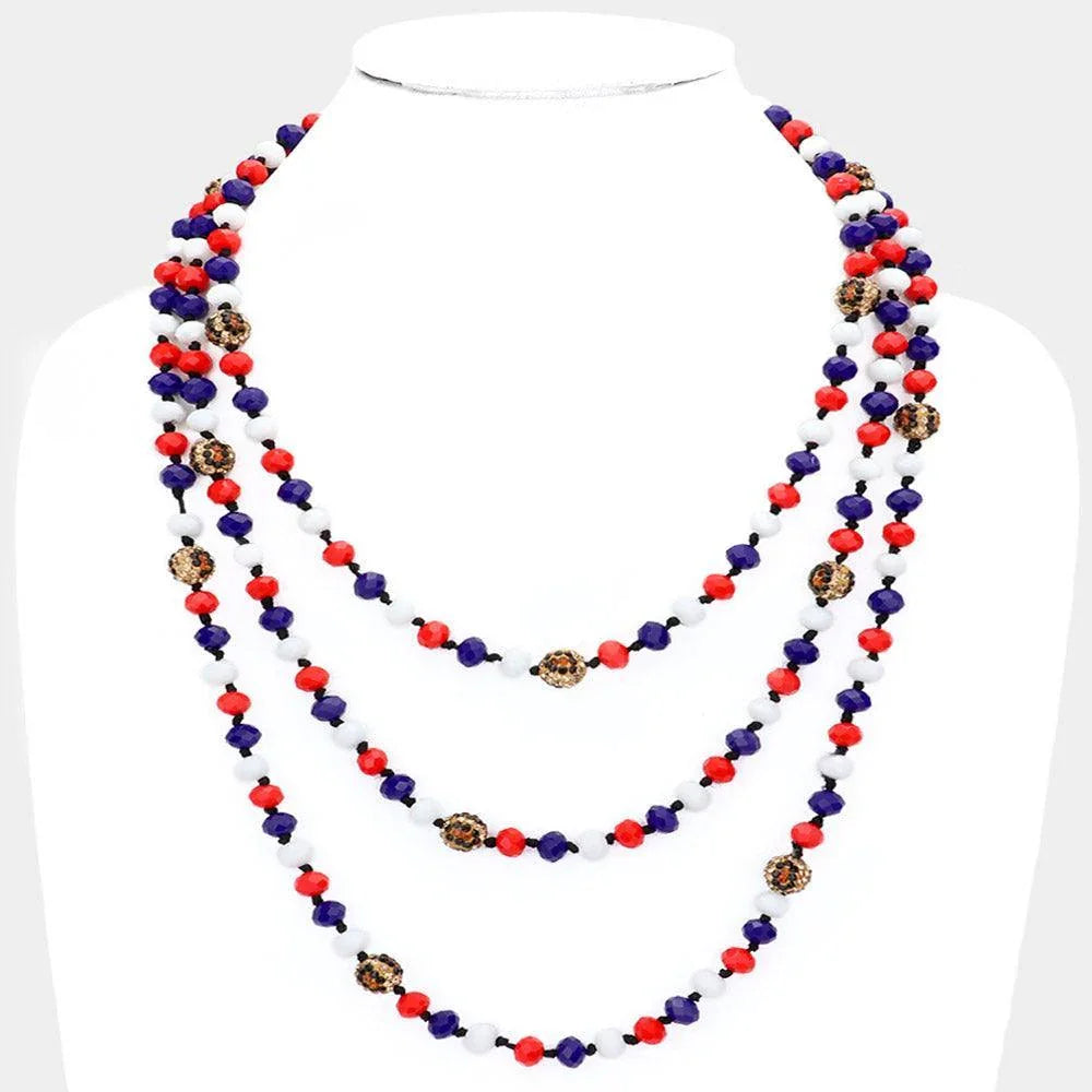 American USA Flag Shamballa Ball Accented Faceted Bead Long Necklace - Jewelry Store by Erik Rayo