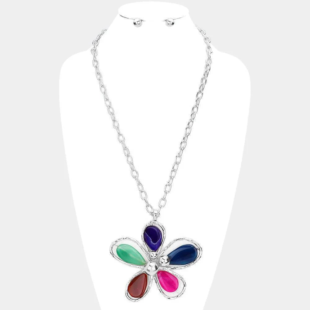 Oversized Multi Color Petal Flower Pendant Long Necklace - Jewelry Store by Erik Rayo