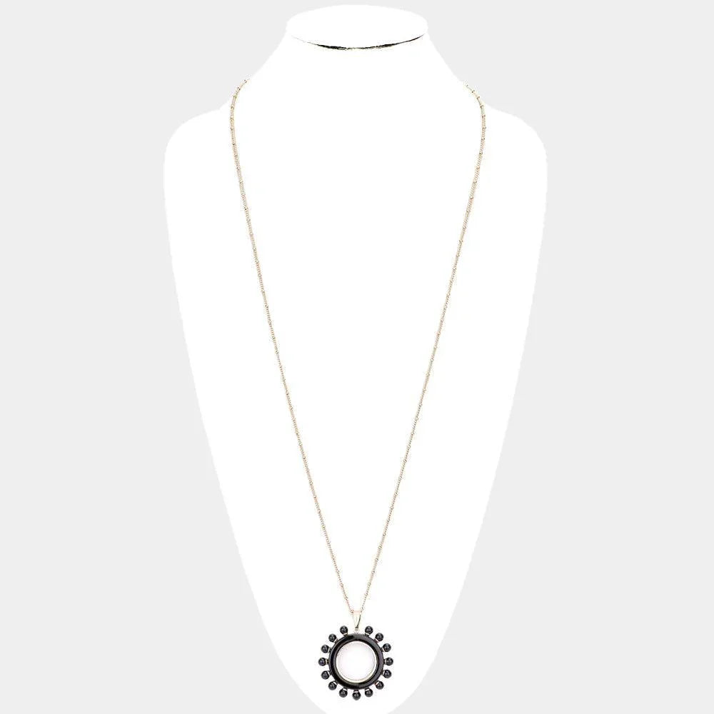 Black Pearl Detail Celluloid Acetate Open Circle Pendant Necklace - Jewelry Store by Erik Rayo