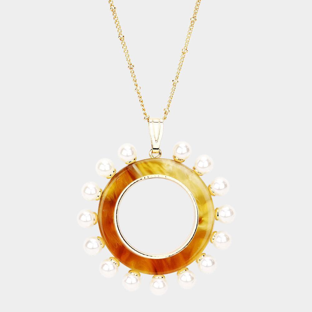 Pearl Detail Celluloid Acetate Open Circle Pendant Necklace - Jewelry Store by Erik Rayo