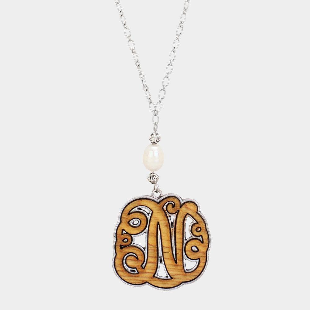 Silver Initial N Monogram Wooden Pendant Necklace - Jewelry Store by Erik Rayo