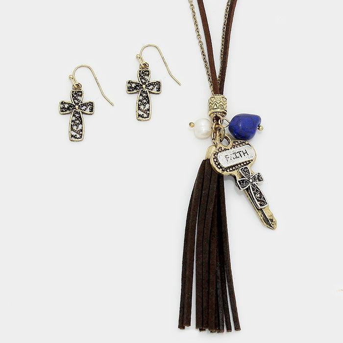 Gold Faux Suede Tassel & Cross Key Charm Long Necklace - Jewelry Store by Erik Rayo