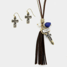 Load image into Gallery viewer, Gold Faux Suede Tassel &amp; Cross Key Charm Long Necklace
