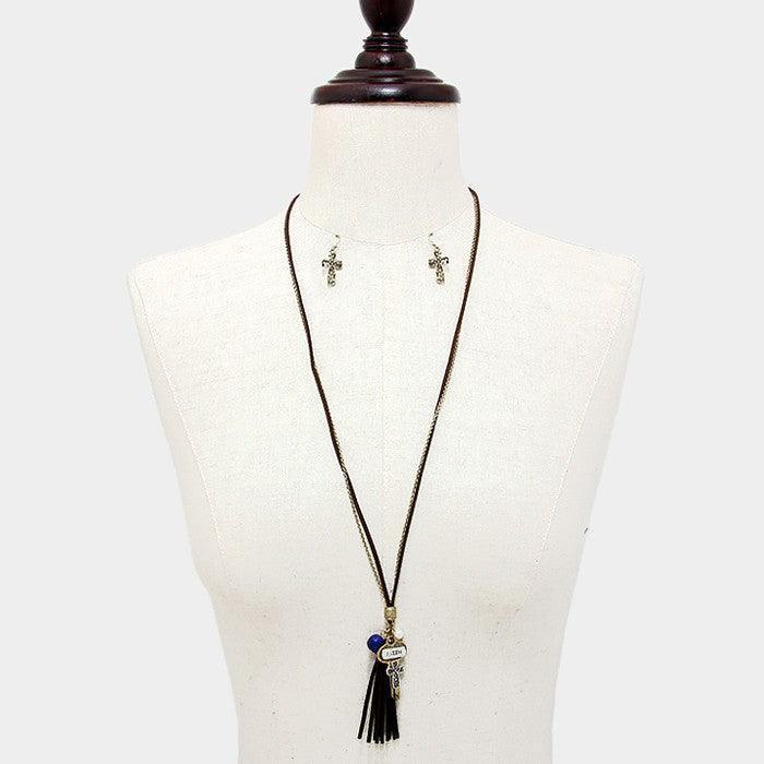Gold Faux Suede Tassel & Cross Key Charm Long Necklace - Jewelry Store by Erik Rayo