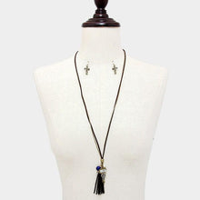 Load image into Gallery viewer, Gold Faux Suede Tassel &amp; Cross Key Charm Long Necklace
