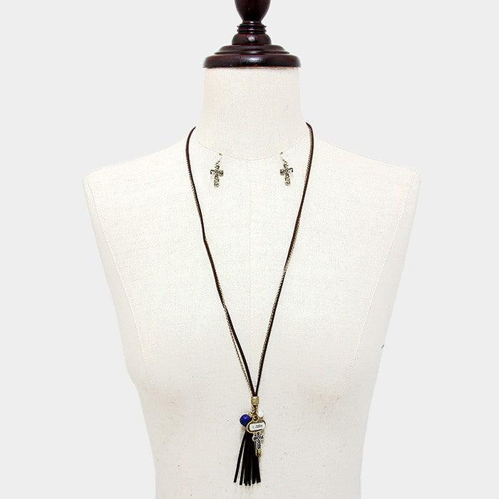 Gold Faux Suede Tassel & Cross Key Charm Long Necklace