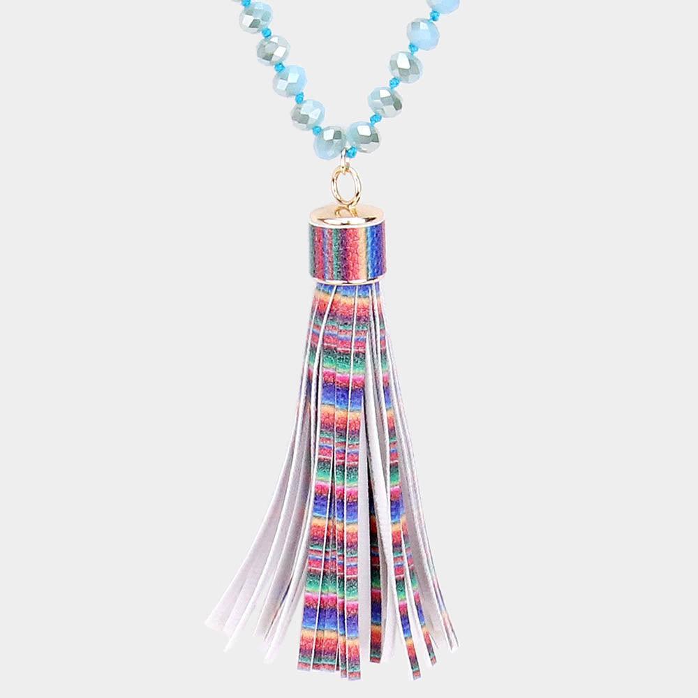 Gold Serape Faux Leather Tassel Faceted Bead Long Necklace - Jewelry Store by Erik Rayo