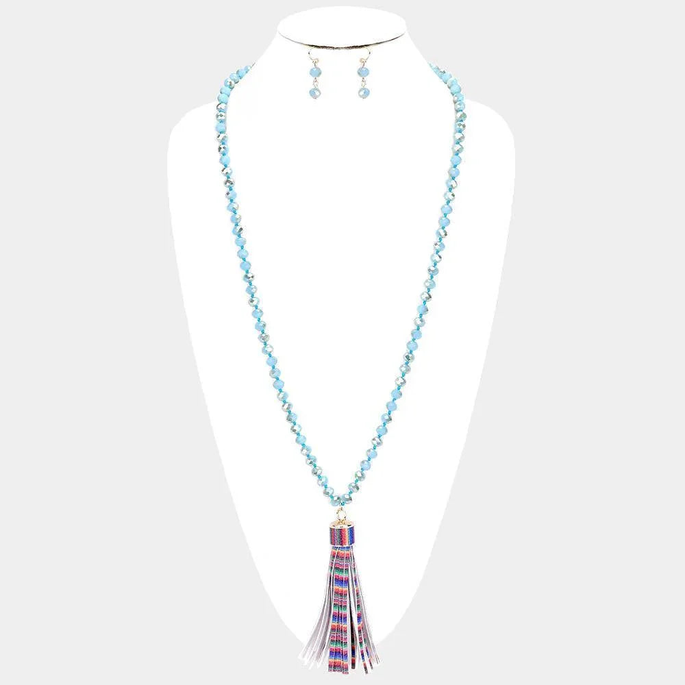 Gold Serape Faux Leather Tassel Faceted Bead Long Necklace - Jewelry Store by Erik Rayo