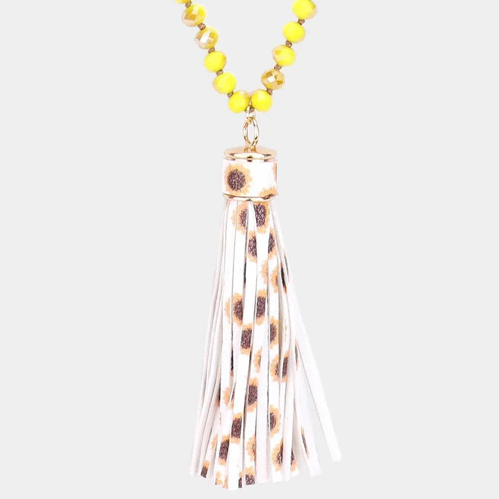 Yellow Faux Leather Tassel Faceted Bead Long Necklace - Jewelry Store by Erik Rayo