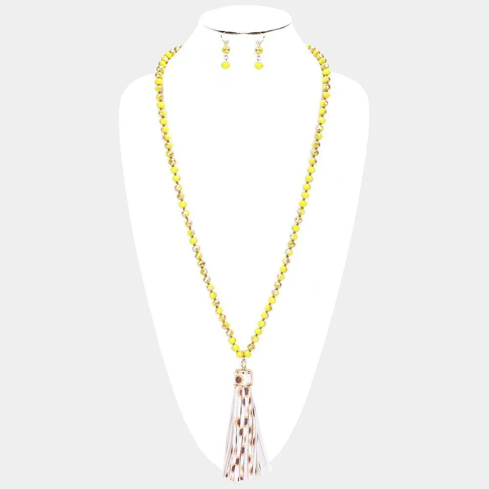 Yellow Faux Leather Tassel Faceted Bead Long Necklace - Jewelry Store by Erik Rayo