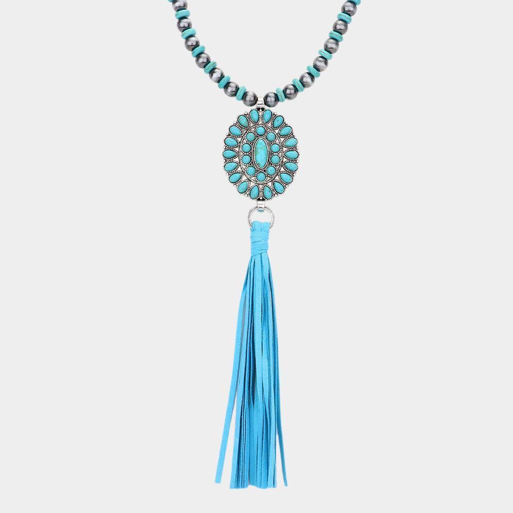Turquoise Natural Stone Squash Blossom Suede Tassel Long Necklace - Jewelry Store by Erik Rayo