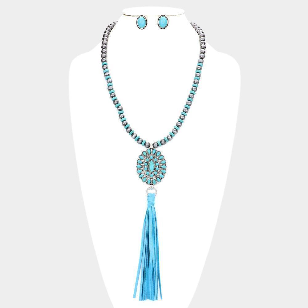 Turquoise Natural Stone Squash Blossom Suede Tassel Long Necklace - Jewelry Store by Erik Rayo
