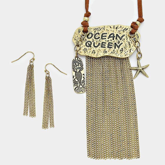 Gold "Ocean Queen" Starfish & Mermaid Charm Metal Chain Fringe Necklace - Jewelry Store by Erik Rayo