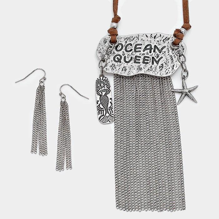 Silver "Ocean Queen" Starfish & Mermaid Charm Metal Chain Fringe Necklace - Jewelry Store by Erik Rayo