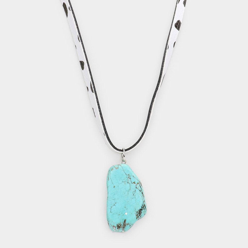 Turquoise Turquoise Pendant Cow Patterned Faux Leather Long Necklace - Jewelry Store by Erik Rayo