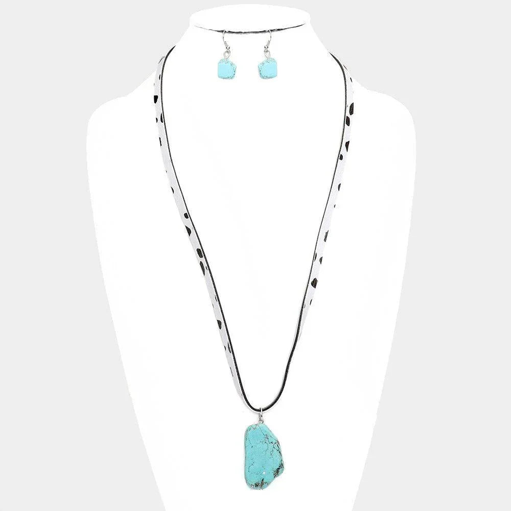 Turquoise Turquoise Pendant Cow Patterned Faux Leather Long Necklace - Jewelry Store by Erik Rayo