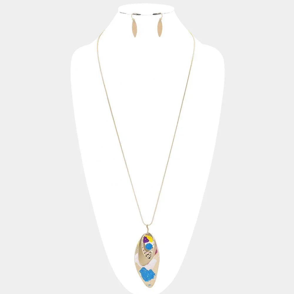 Blue Layered Painted Abstract Metal Pendant Long Necklace - Jewelry Store by Erik Rayo