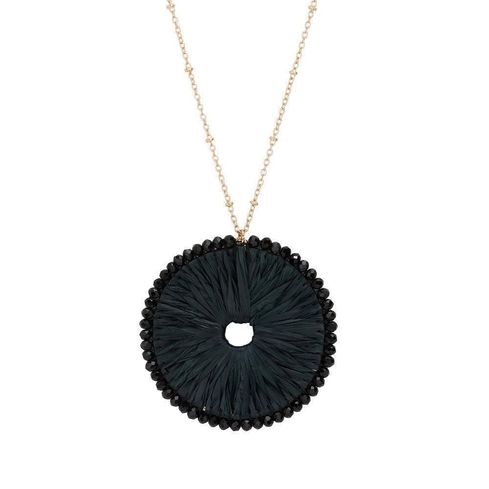 Black Round Raffia Faceted Bead Trimmed Pendant Long Necklace - Jewelry Store by Erik Rayo