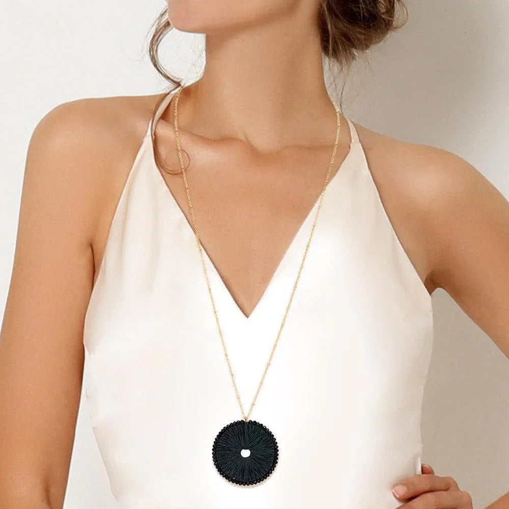 Black Round Raffia Faceted Bead Trimmed Pendant Long Necklace - Jewelry Store by Erik Rayo