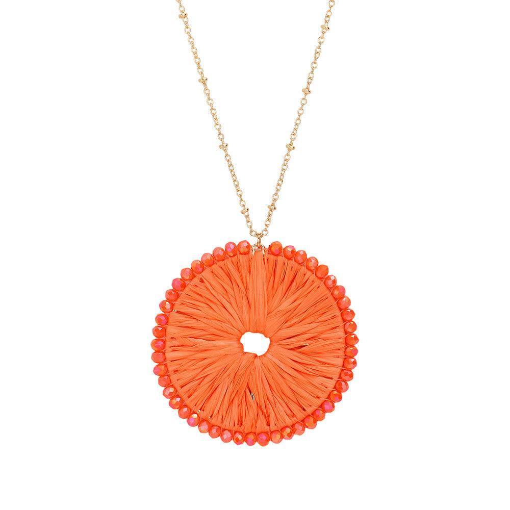 Orange Round Raffia Faceted Bead Trimmed Pendant Long Necklace - Jewelry Store by Erik Rayo