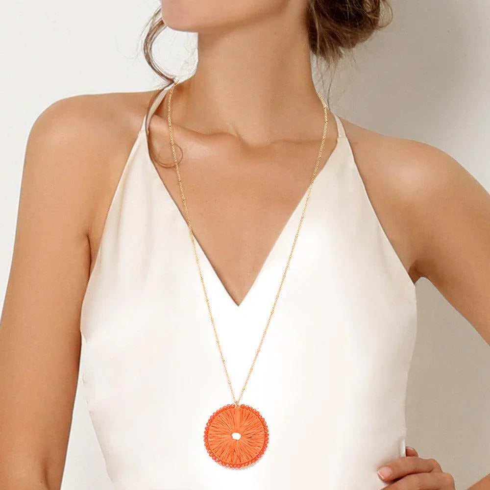 Orange Round Raffia Faceted Bead Trimmed Pendant Long Necklace - Jewelry Store by Erik Rayo