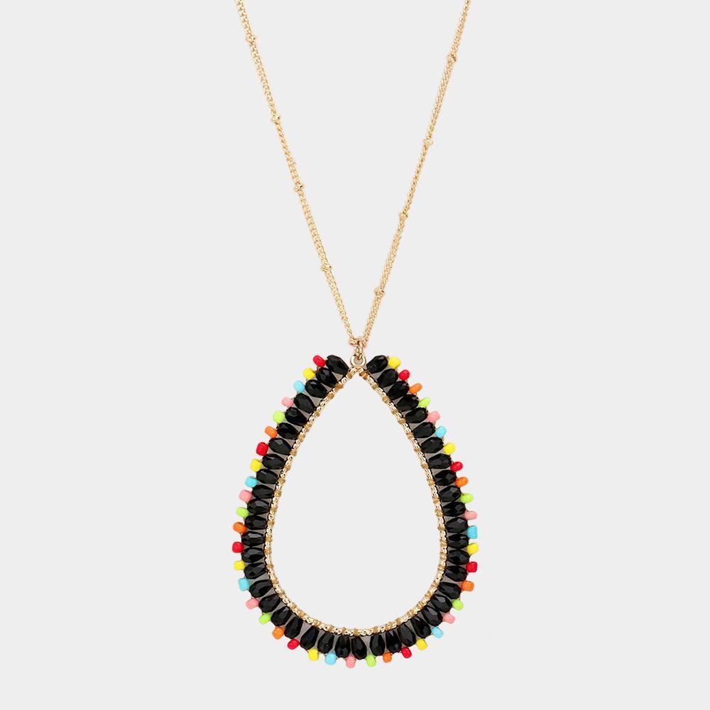 Black Bead Open Teardrop Pendant Long Necklace - Jewelry Store by Erik Rayo