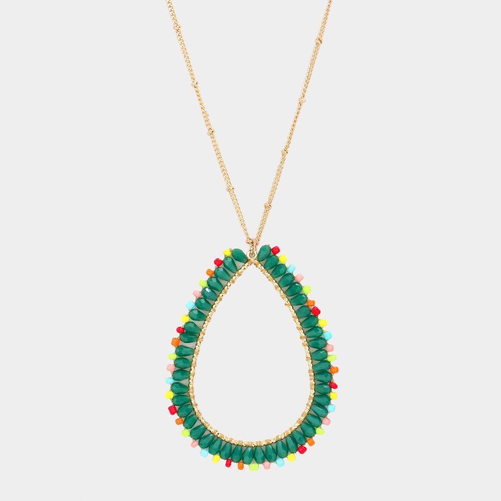 Green Bead Open Teardrop Pendant Long Necklace - Jewelry Store by Erik Rayo