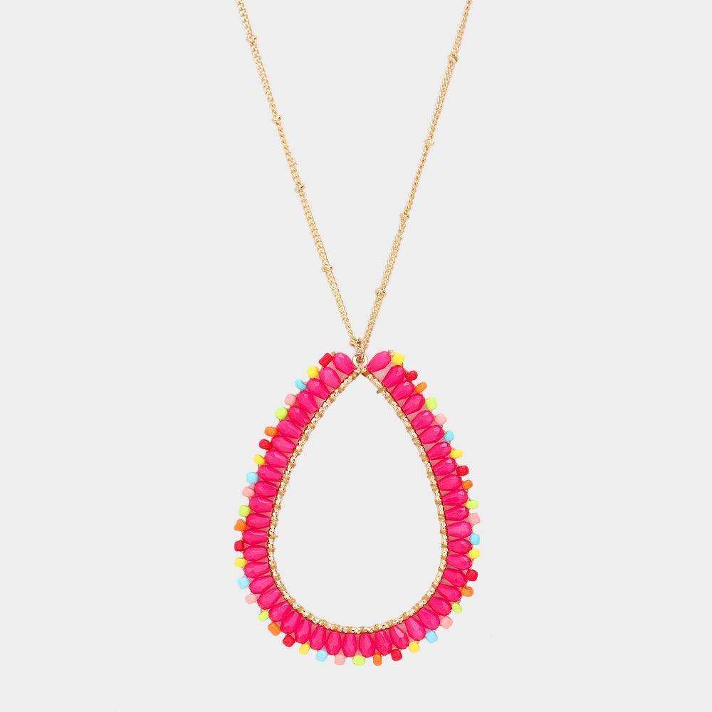 Pink Bead Open Teardrop Pendant Long Necklace - Jewelry Store by Erik Rayo