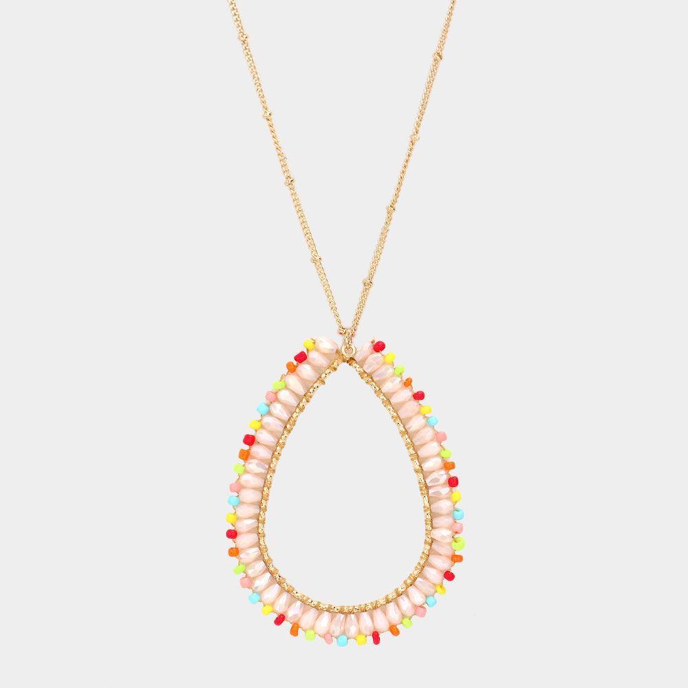 Ivory Bead Open Teardrop Pendant Long Necklace - Jewelry Store by Erik Rayo