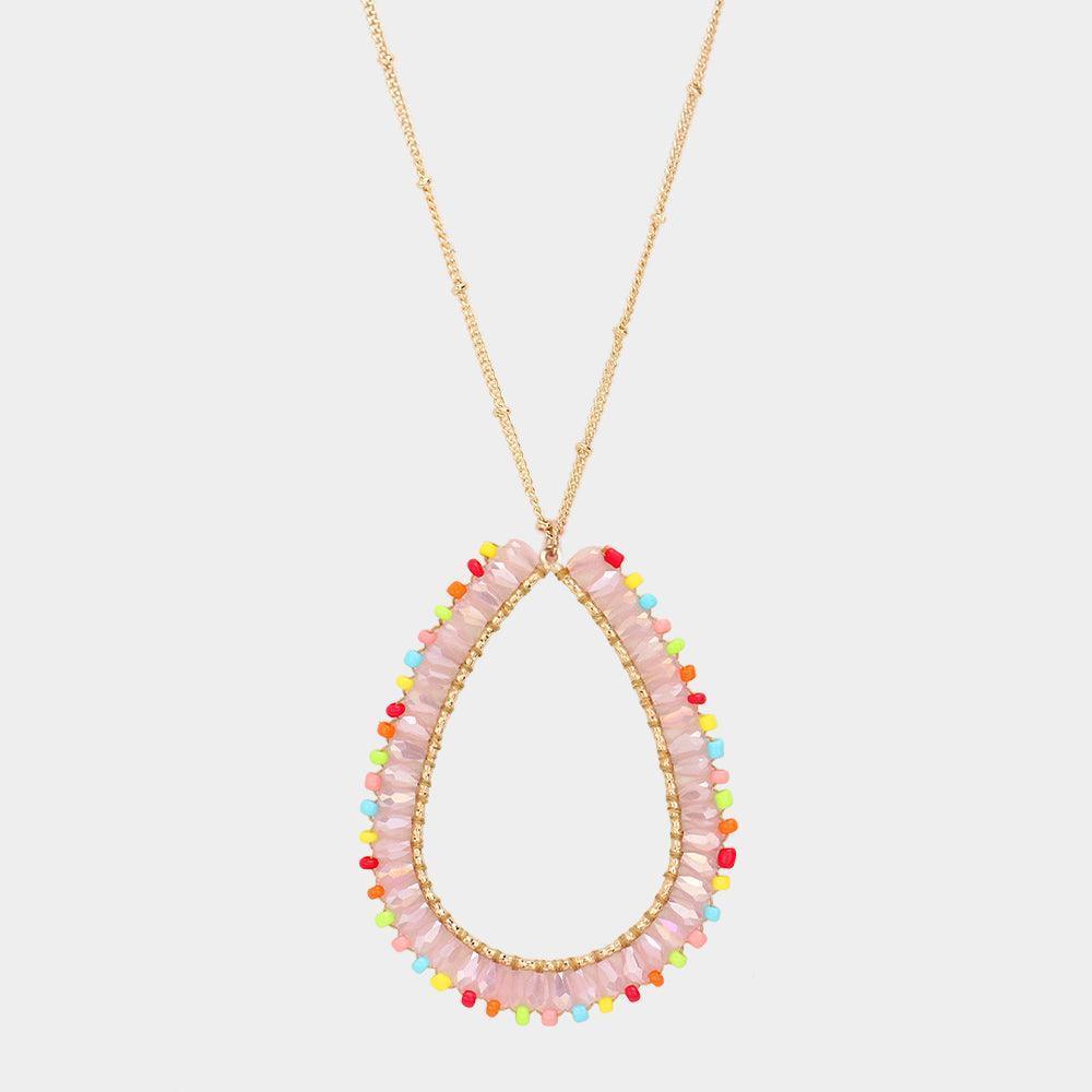 Pink Bead Open Teardrop Pendant Long Necklace - Jewelry Store by Erik Rayo