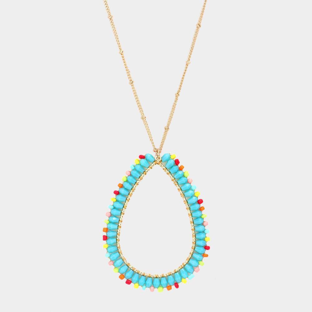 Turquoise Bead Open Teardrop Pendant Long Necklace - Jewelry Store by Erik Rayo