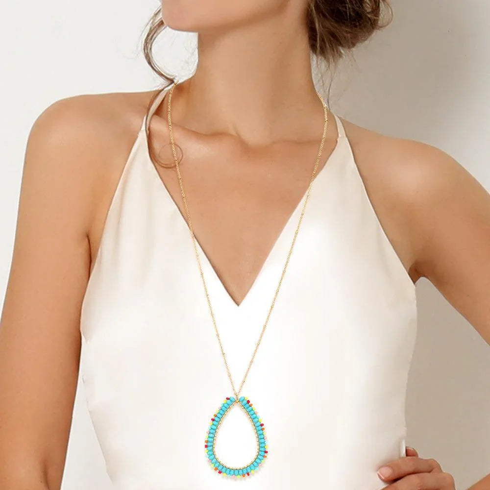 Turquoise Bead Open Teardrop Pendant Long Necklace - Jewelry Store by Erik Rayo